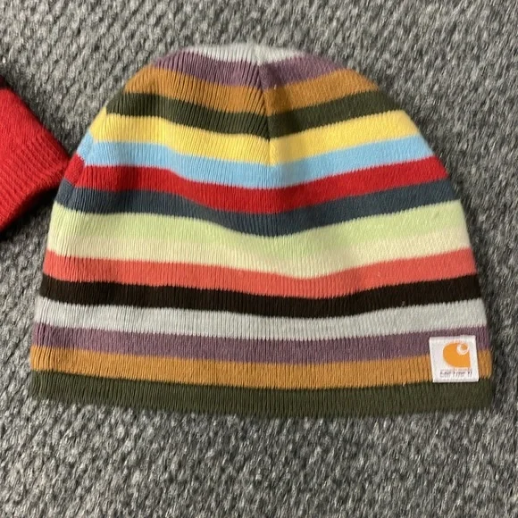 Carhartt Womens Beanie Hats Lot of 2 stripes reversaible fleece red colorful - Picture 3 of 5